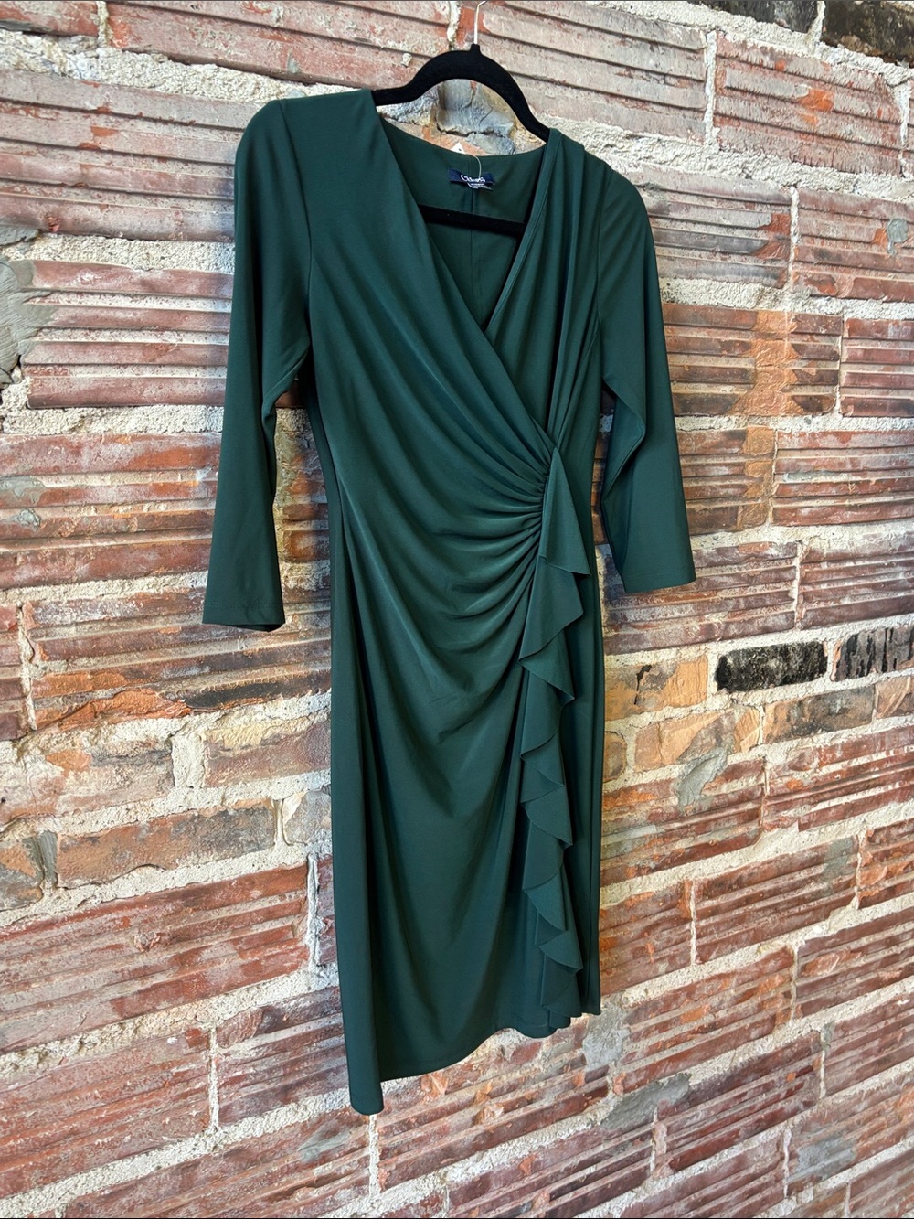 Chaps Forest Green Ruched Ruffle Midi Dress - Picture 3 of 4